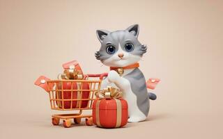 3d cartone animato stile carino gatto e shopping carrello, 3d resa. foto