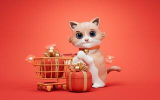 3d cartone animato stile carino gatto e shopping carrello, 3d resa. foto