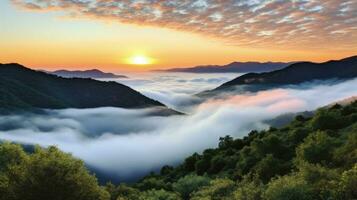 ai generato Alba nel il nebbioso mattina HD sfondo sfondo foto