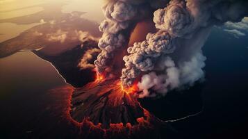 ai generato scena di vulcano eruzione nel naturale ambiente foto