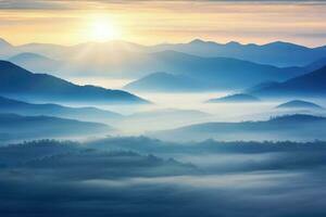 ai generato Alba nel il nebbioso mattina HD sfondo sfondo foto