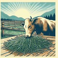 ai generato illustrazione di un' mucca mangiare erba nel azienda agricola. Vintage ▾ stile. foto
