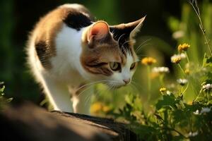 ai generato gatto nel natura su estate foresta sfondo. avvicinamento animale ritratto. ai generato foto