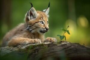 ai generato lince cucciolo nel natura su estate foresta sfondo. avvicinamento animale ritratto. ai generato foto