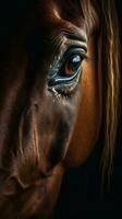 ai generato avvicinamento cavallo occhio, ritratto di animale su buio sfondo. ai generato foto