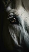 ai generato avvicinamento bianca cavallo occhio, ritratto di animale su buio sfondo. ai generato foto