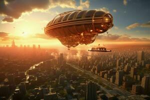 ai generato un' maestoso dirigibile galleggia sopra un' città suo modulo foto