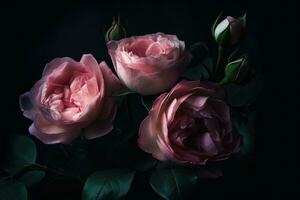 ai generato pastello rosa Rose avvicinamento buio romantico sfondo. ai generato foto