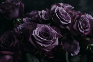 ai generato viola Rose buio lunatico romantico sfondo. avvicinamento fiori carta sfondo. ai generato foto