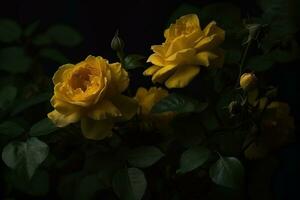 ai generato giallo Rose buio lunatico romantico sfondo. avvicinamento fiori carta sfondo. ai generato foto