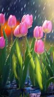 ai generato fioritura tulipani con gocce di acqua avvicinamento sfondo. ai generato foto
