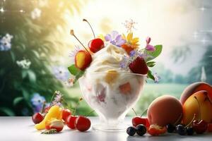 ai generato ghiaccio crema decorato con frutta e fiori su il estate sfondo foto