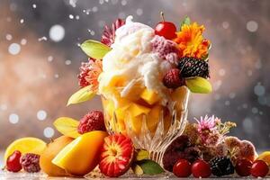 ai generato ghiaccio crema decorato con frutta e fiori su il estate sfondo foto