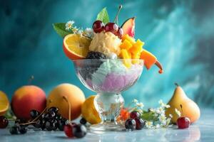 ai generato ghiaccio crema decorato con frutta su il estate sfondo foto