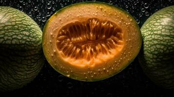ai generato avvicinamento di meloni con acqua gocce su buio sfondo. frutta sfondo foto