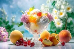 ai generato ghiaccio crema decorato con frutta e fiori su il estate sfondo foto