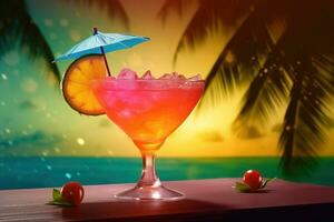 ai generato fresco succo cocktail su il tavolo contro spiaggia sfondo foto