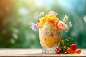 ai generato ghiaccio crema decorato con frutta e fiori su il estate sfondo foto