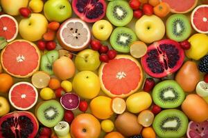 ai generato fresco frutta come sfondo. superiore Visualizza di naturale frutta, pieno schermo Immagine foto