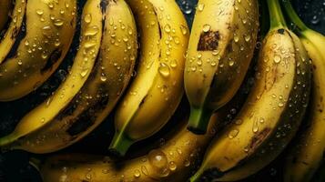 ai generato avvicinamento di banane con acqua gocce su buio sfondo. frutta sfondo foto