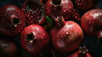 ai generato avvicinamento di melograni con acqua gocce su buio sfondo. frutta sfondo foto