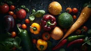 ai generato avvicinamento di fresco verdure con acqua gocce su buio sfondo. salutare cibo concetto foto