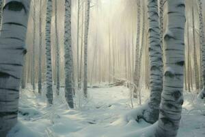 ai generato un' nevoso betulla albero foresta con un' tranquillo, calmo zittito foto