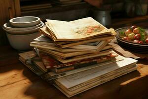ai generato un' pila di Vintage ▾ libri di cucina Aperto per ben indossato foto