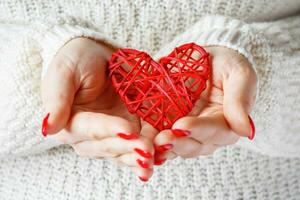 rosso cuore nel il palme di un' giovane donna. foto