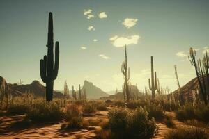 ai generato un' surreale deserto paesaggio con saguaro cactus foto