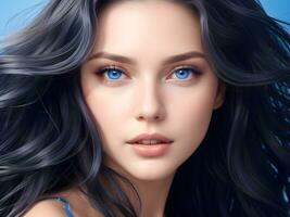 ai generato un' donna con ondulato lucido capelli e sbalorditivo blu occhi ai creare foto