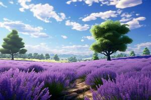 ai generato un' estate giorno nel un' lavanda campo con alberi foto