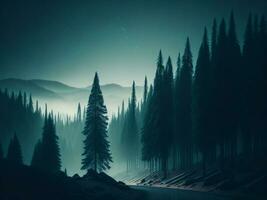 ai generato nebbioso paesaggio con abete foresta nel fricchettone Vintage ▾ retrò stile foto