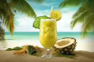 ai generato estate tropicale spiaggia sfondo con fresco succo cocktail e frutta. ai generato foto