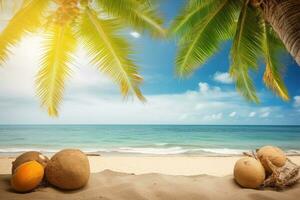 ai generato spiaggia paesaggio con palme e noci di cocco. estate tropicale sfondo. ai generato foto