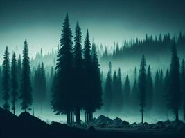 ai generato nebbioso paesaggio con abete foresta nel fricchettone Vintage ▾ retrò stile foto