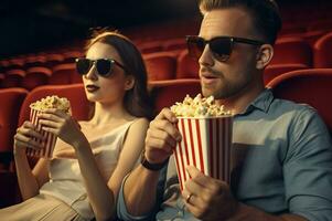 ai generato coppia cinema mangiare Popcorn 3d occhiali. creare ai foto