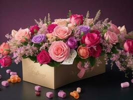 ai generato fiori impostare. bellissimo lusso mazzo nel il scatola. il opera di il fioraio a un' fiore negozio. foto