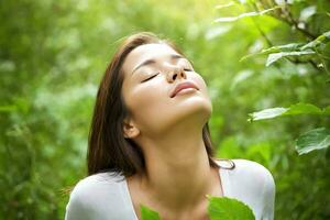 ai generato bellissimo donna con chiuso occhi su natura sfondo foto