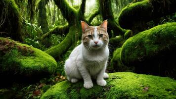 ai generato un' carino gatto nel il foresta seduta su un' muschioso roccia foto