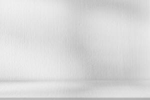 sfondo bianca parete studio con ombra foglie, leggero cemento pavimento superficie struttura sfondo, vuoto cucina camera con podio display, in alto mensola barra, sfondo calcestruzzo sfondo, cosmetico Prodotto foto
