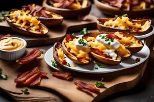 ai generato al forno patate con Bacon e formaggio foto