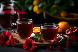 ai generato Due tazze di tè con rosso ibisco fiori e arance foto