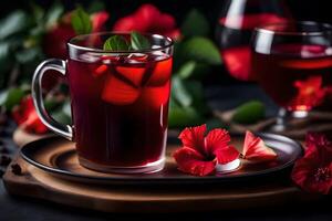 ai generato un' tazza di rosso tè con ibisco fiori e le foglie foto