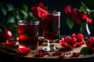 ai generato Due bicchieri di rosso tè con fiori su un' di legno tavolo foto