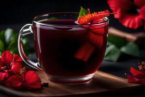 ai generato un' tazza di rosso tè con ibisco fiori foto