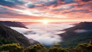 ai generato Alba nel il nebbioso mattina HD sfondo sfondo foto