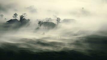 ai generato Cinese villaggio nebbioso mattina sfondo sfondo foto