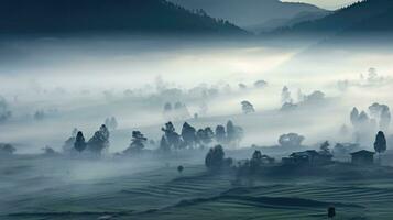 ai generato Cinese villaggio nebbioso mattina sfondo sfondo foto