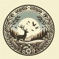 ai generato illustrazione di cervo nel natura. Vintage ▾ emblema stile. foto